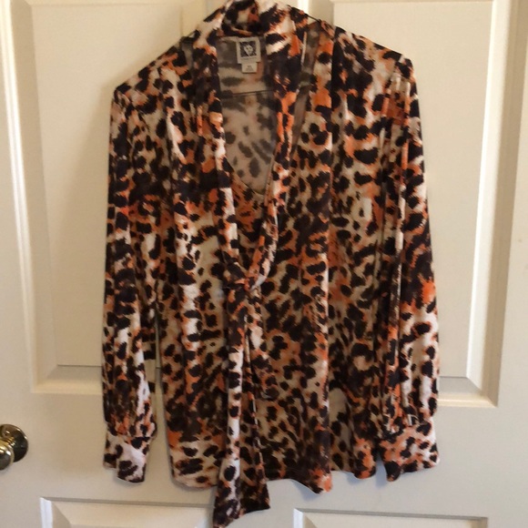 Anne Klein tie-neck blouse in gorgeous orange, tan and brown animal print - Picture 1 of 5